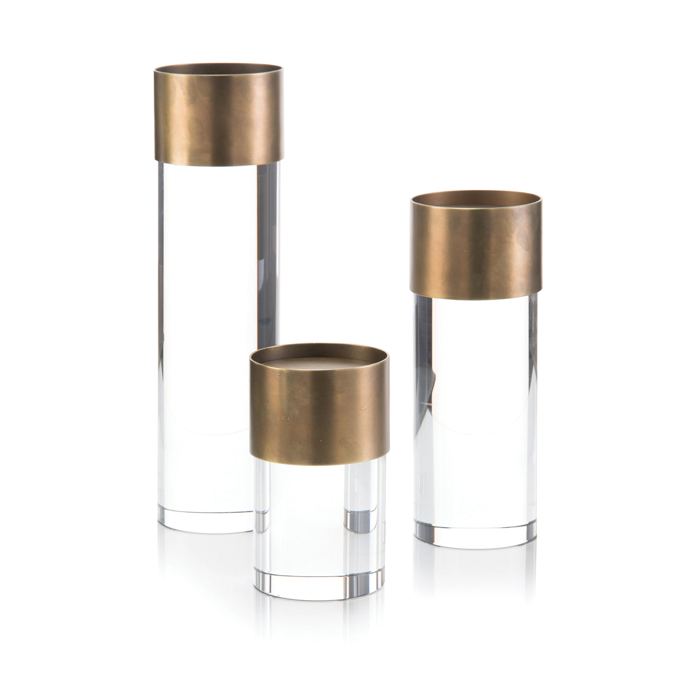 Set of Three Crystal and Brass Candle